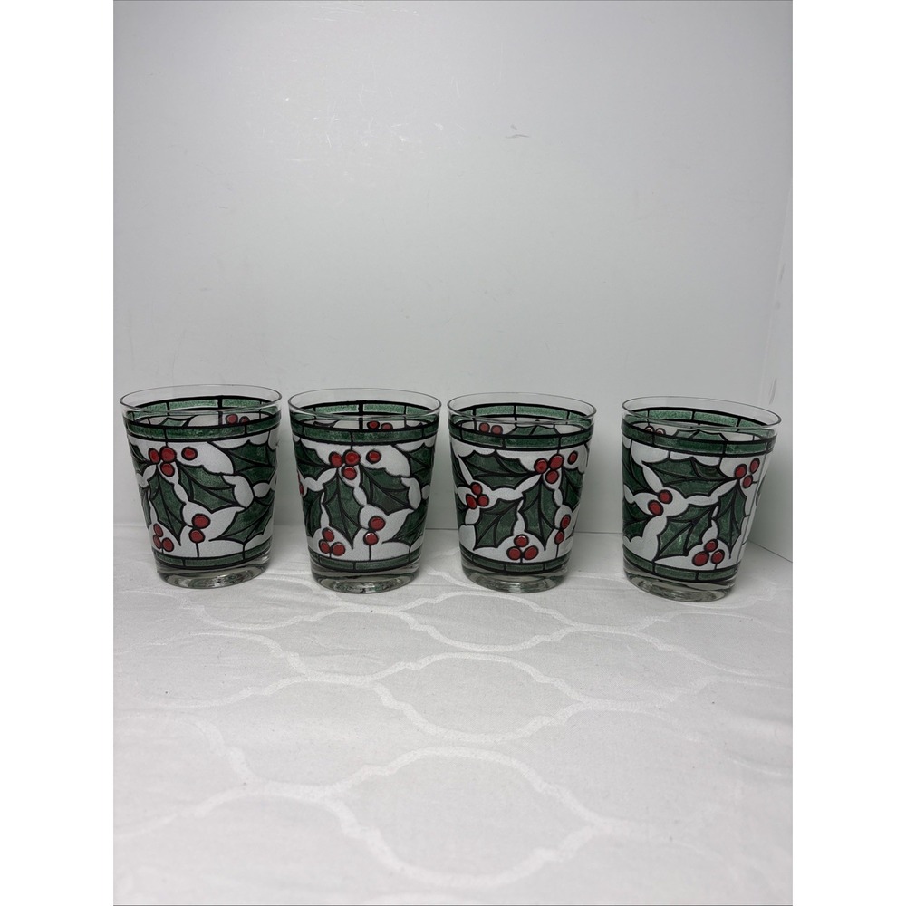 4 West Virginia Snowy Holly Berry Stained Glass On Rocks Christmas Glasses Set